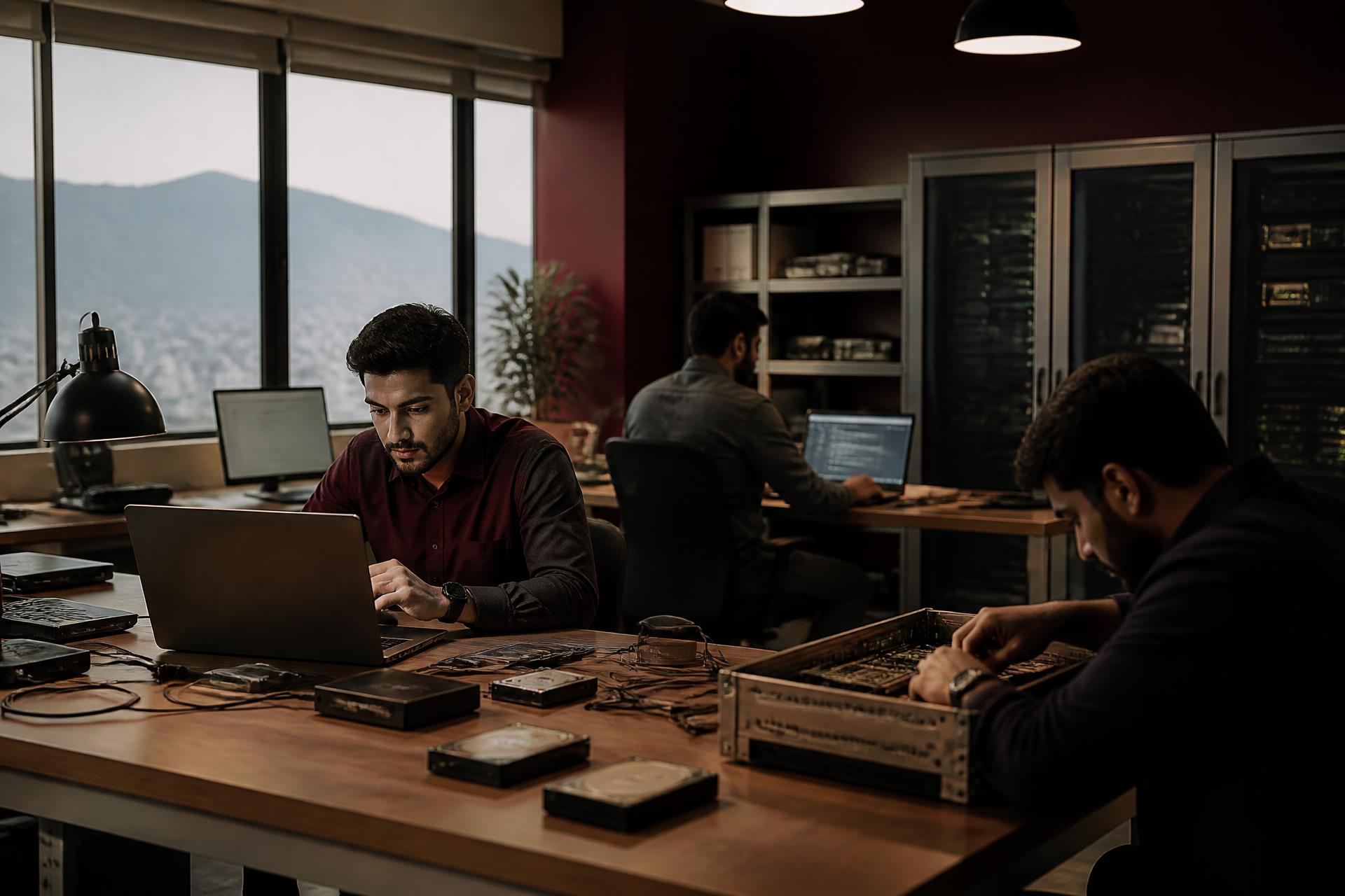 Innotech technicians servicing laptops and server hardware in the Blue Area workshop